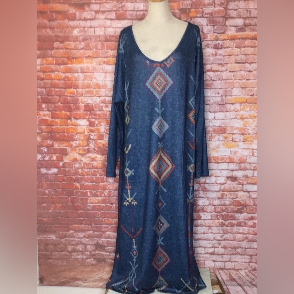 C.O.Z.Y. Indigo Blue Aztec Long Sleeved Maxi Dress